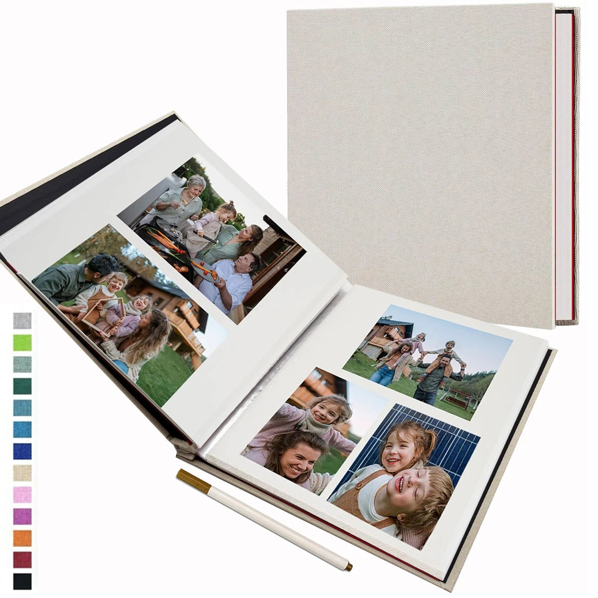 Elegant beige linen self-adhesive photo album with spiral binding, open to display family photos, with a pen.