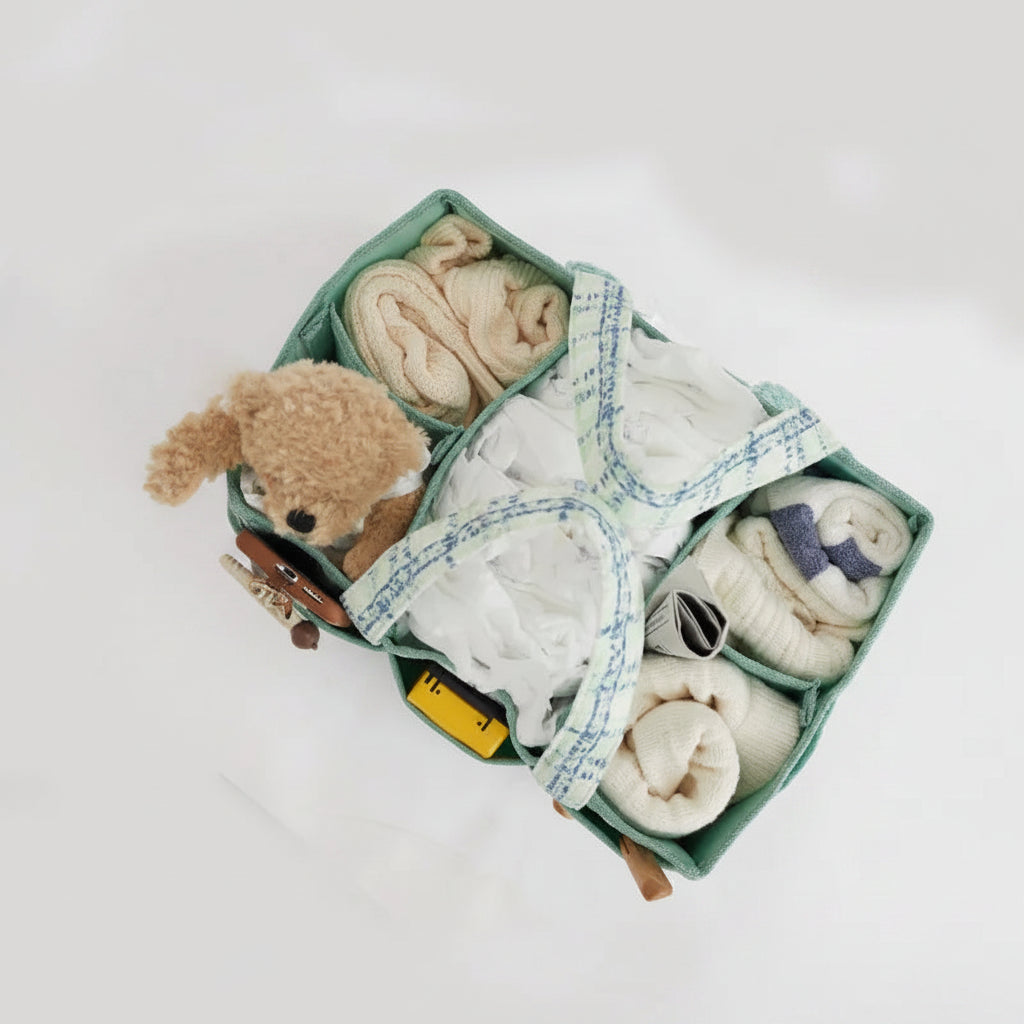 Green portable baby diaper caddy with multiple compartments, holding clothes, a plush toy, and essentials.