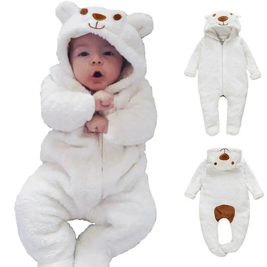 Fluffy white baby bear hooded romper with zipper, shown on infant and flat.