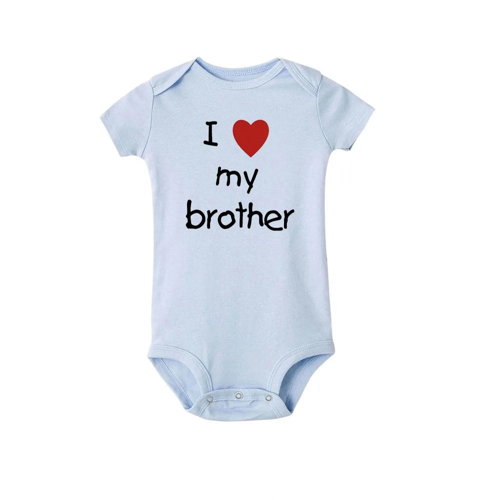 Light blue short-sleeve baby romper with "I ❤️ my brother" print, snap closure.