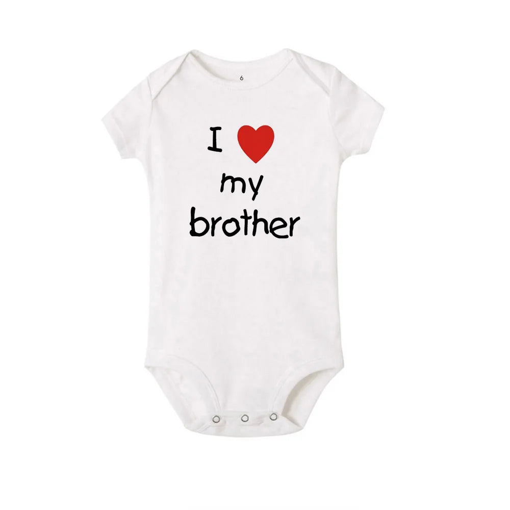 White short-sleeve baby romper with "I love my brother" print, ideal for summer.