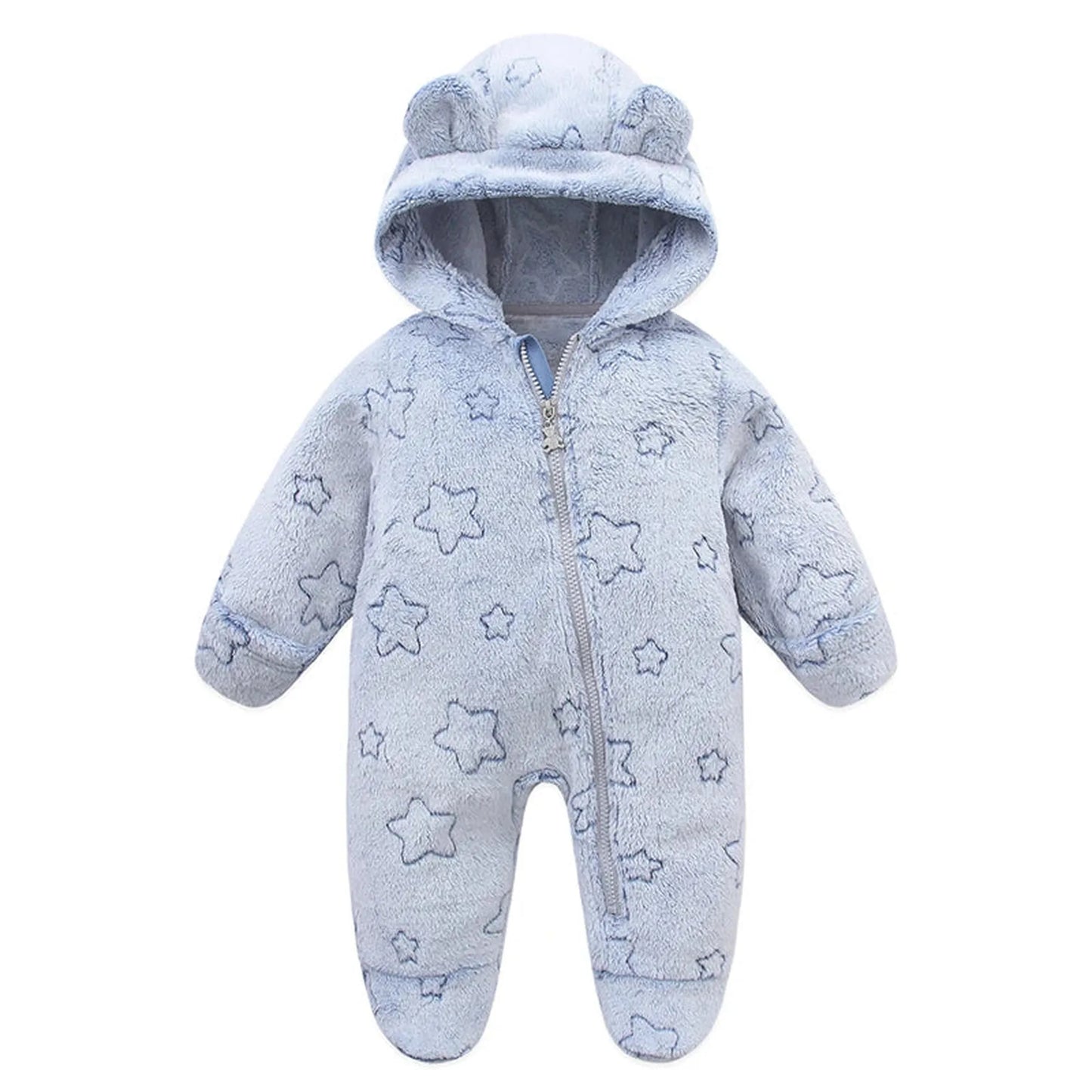 Warm blue flannel baby romper with hood, bear ears, star pattern, and full zipper.