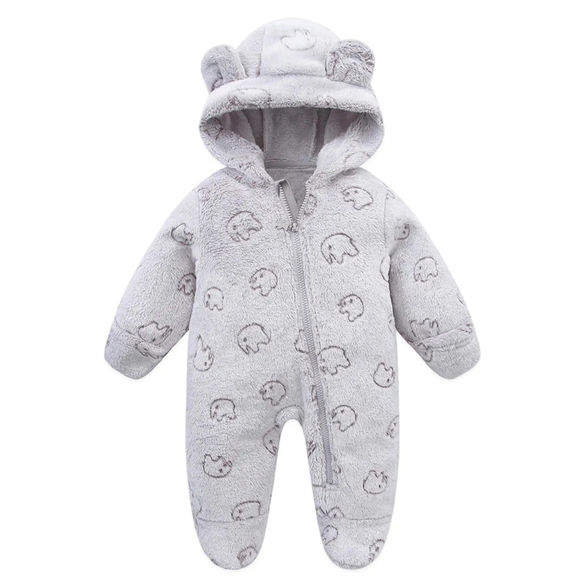 Soft gray flannel baby romper with bear ears on hood and subtle animal print, 0-12 months.