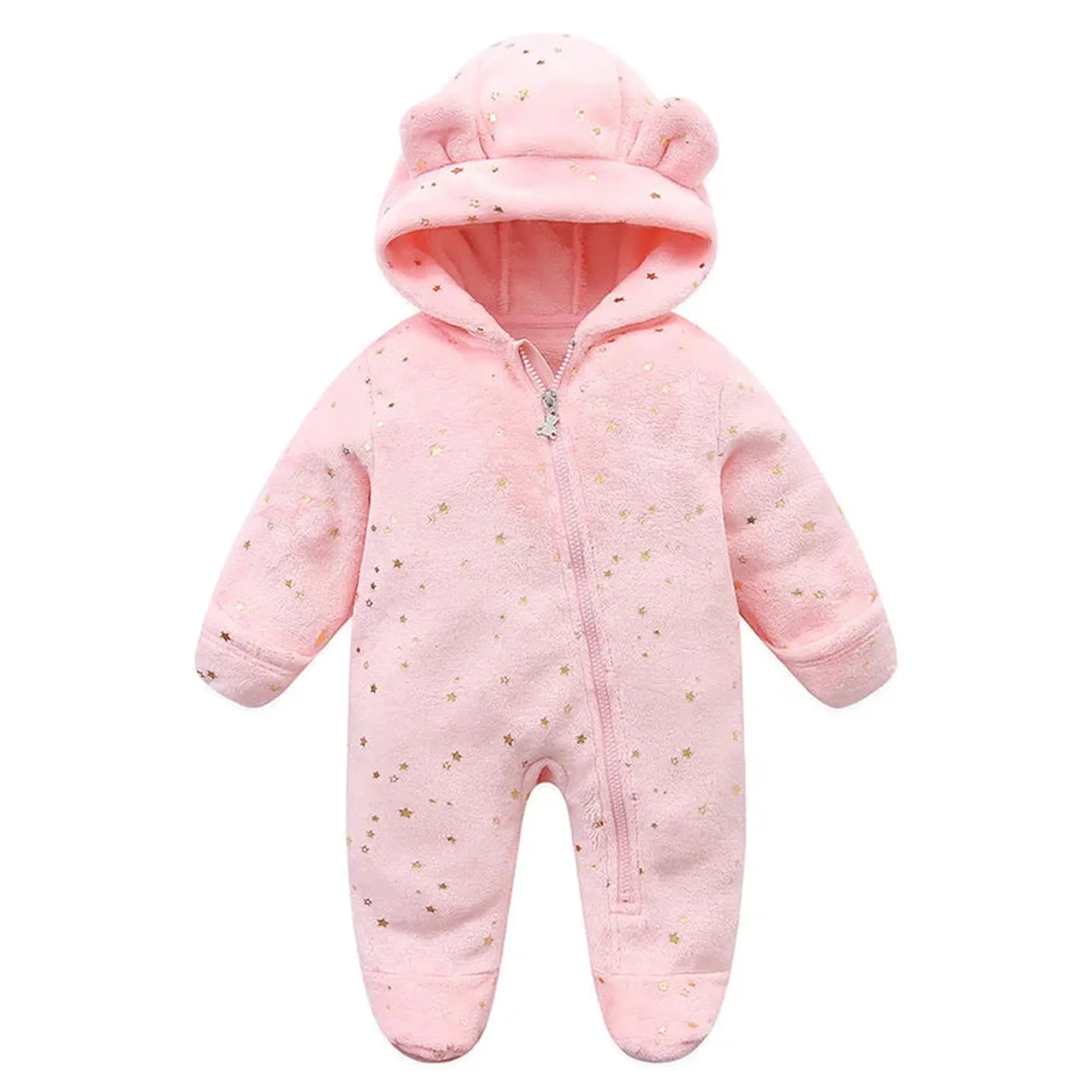 Pink flannel baby romper with bear ears hood, gold star print, and full zipper.