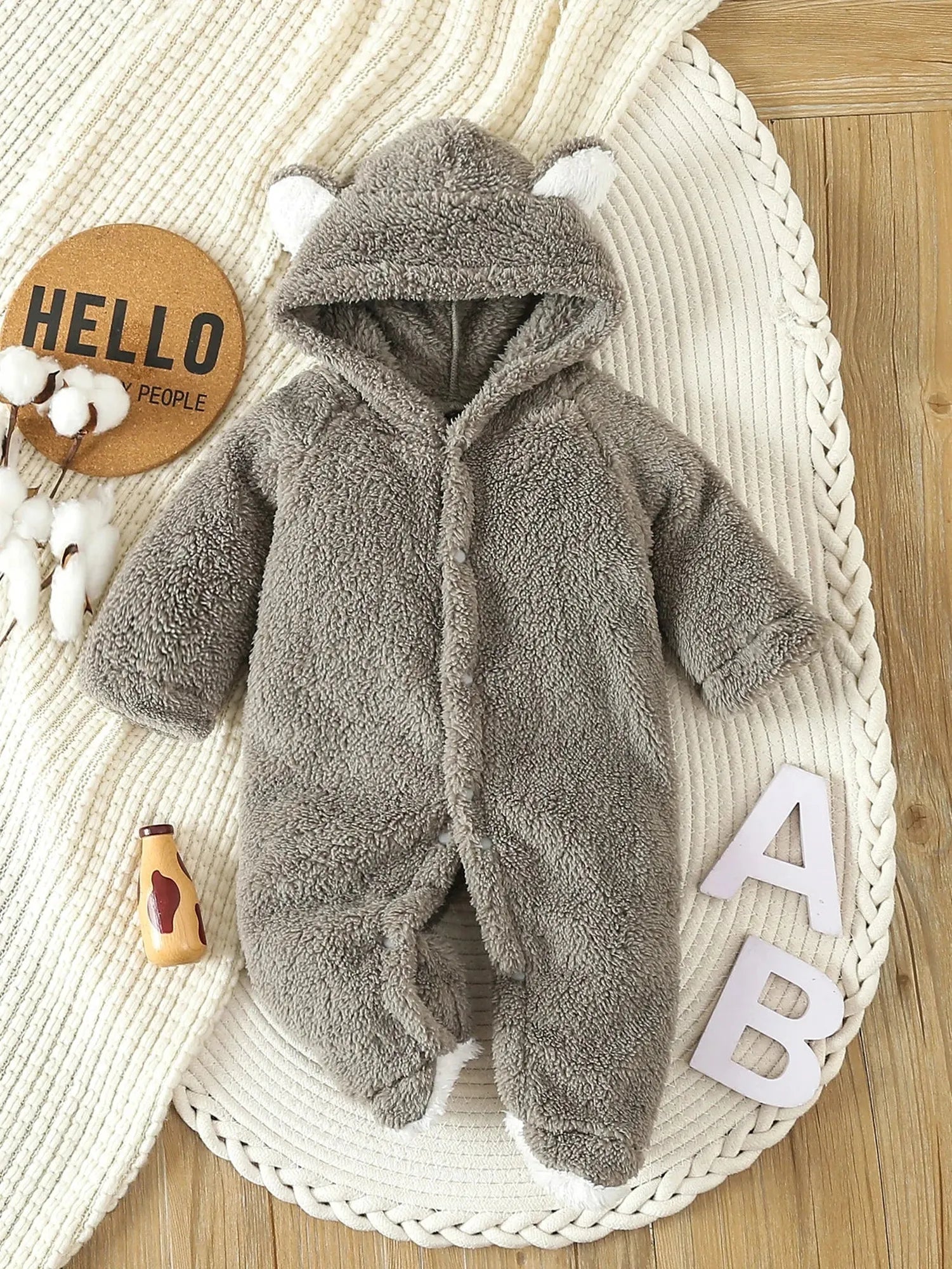 Gray fleece baby romper with hood and bear ears, soft and warm for autumn/winter.