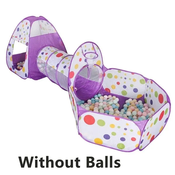 Purple 3-in-1 kids' play tent with tunnel and ball pit, featuring colorful polka dots.