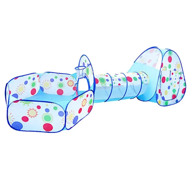 Blue 3-in-1 kids' play tent with tunnel and ball pit, featuring colorful polka dots and sun patterns.