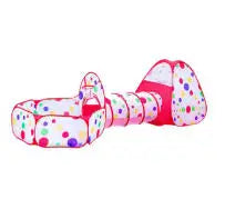 Red 3-in-1 kids' play tent with tunnel and ball pit, featuring colorful polka dots.