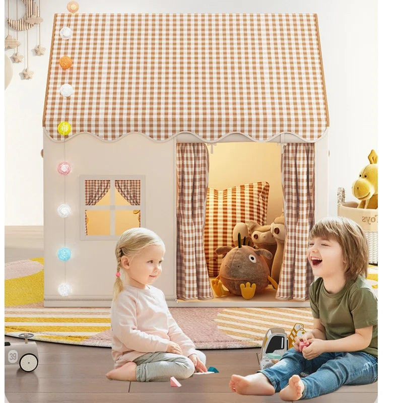 Kids' foldable play tent in white and brown gingham, with two children playing outside.