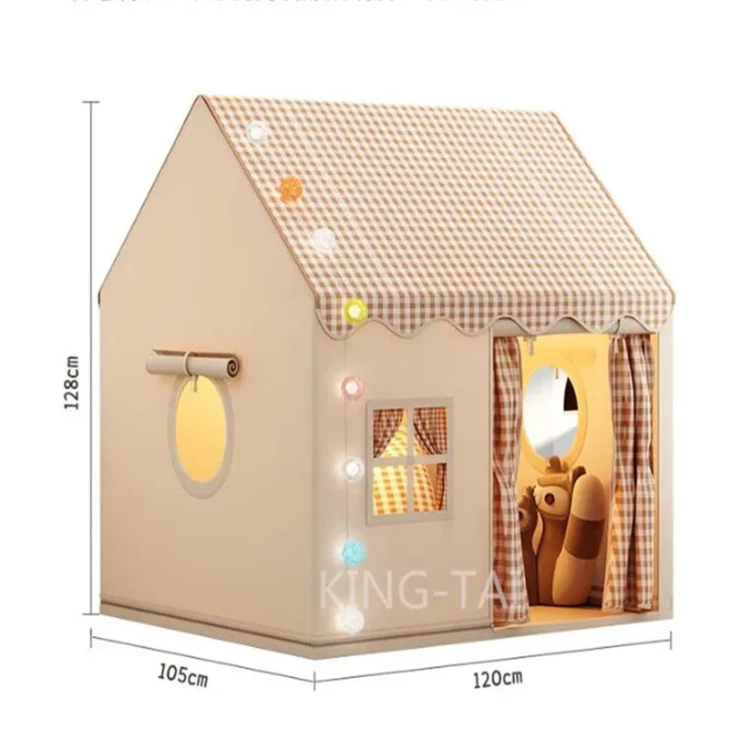 Foldable beige polyester playhouse tent with gingham roof, windows, and decorative lights.