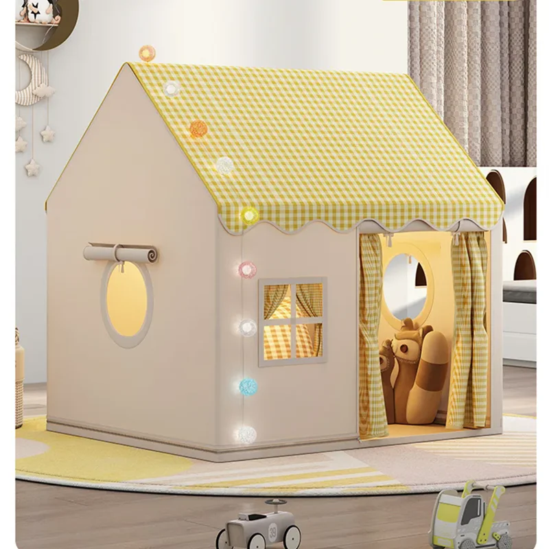 Foldable beige play tent with yellow gingham roof, curtains, and decorative lights.