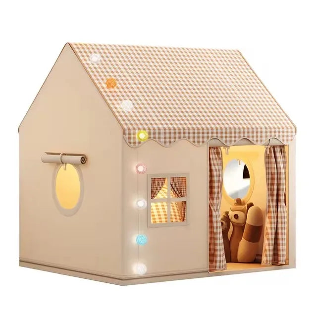 Foldable beige polyester playhouse tent with checkered roof, windows, and decorative lights.