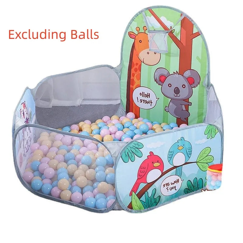 Foldable kids' play tent with colorful animal graphics, a basketball hoop, and a ball pit.