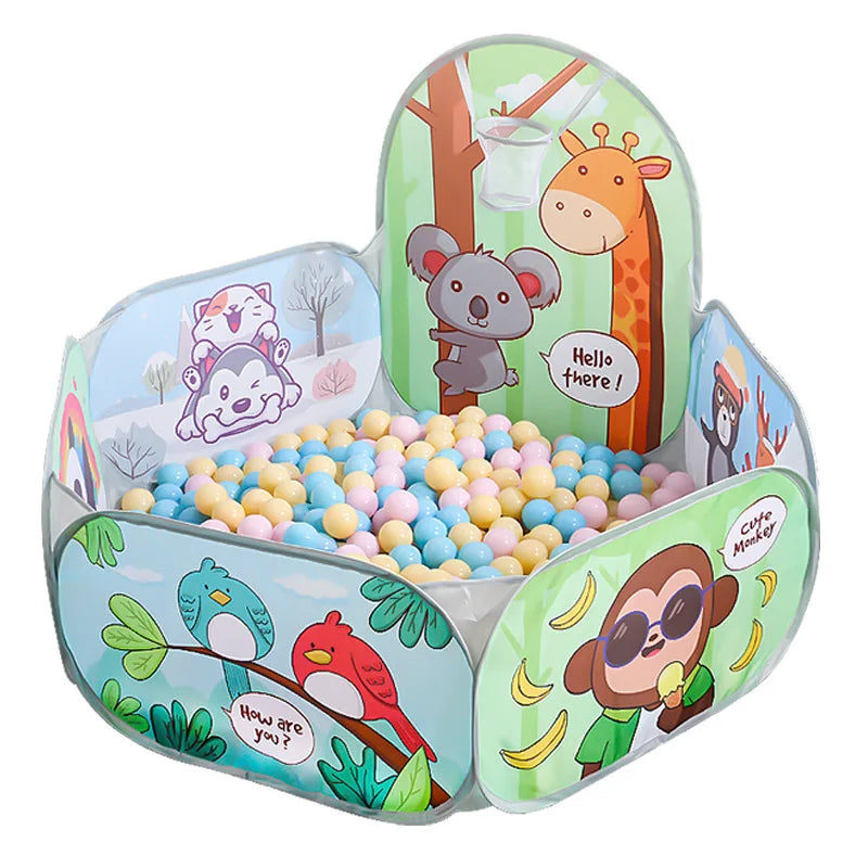 Colorful foldable children's play tent with animal graphics, ball pit, and basketball hoop.