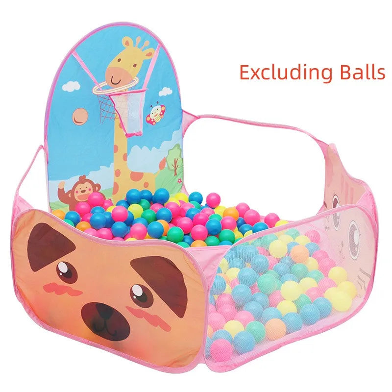 Pink foldable kids' play tent with a giraffe basketball hoop and animal designs, filled with colorful balls.