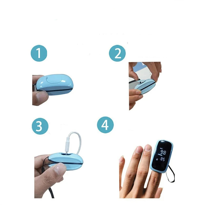 Light blue rechargeable children's pulse oximeter with digital display, shown with charging cable and on a finger.