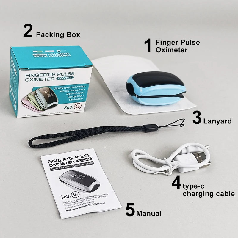 Blue and black rechargeable fingertip pulse oximeter for kids with lanyard, charging cable, and manual.