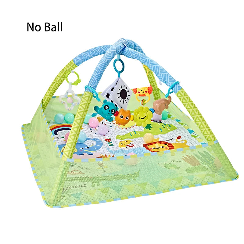 Green cotton baby activity gym with blue arches, colorful animal toys, and a mesh side.