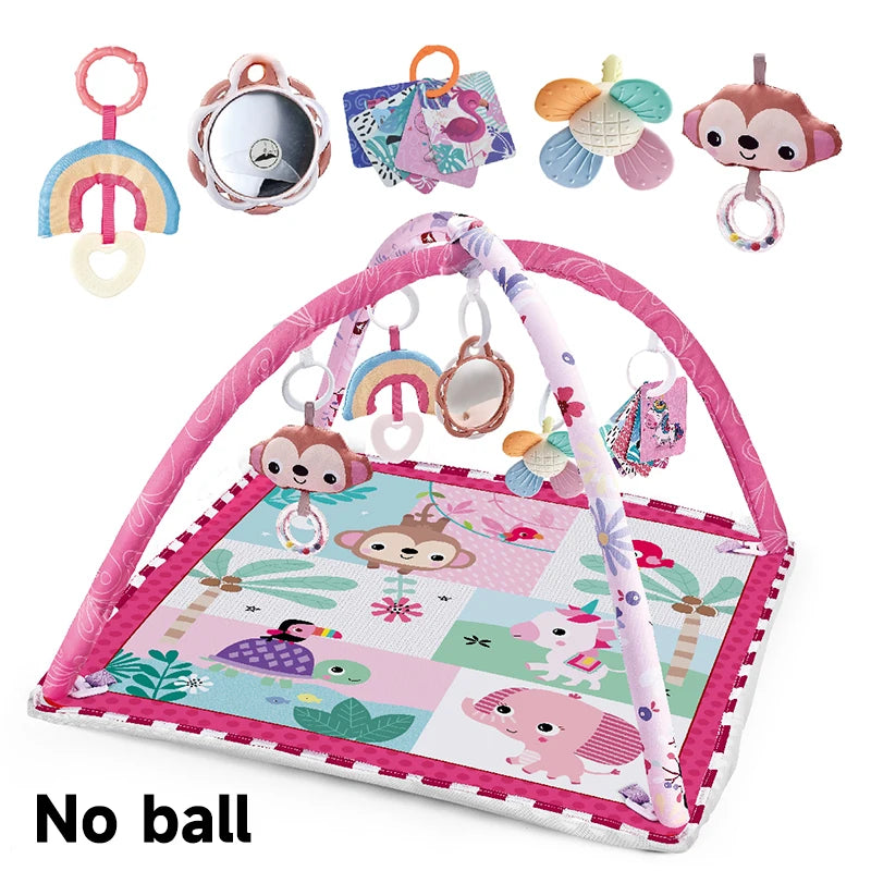Pink baby activity gym with animal-themed mat, arch, and hanging soft toys including a monkey, rainbow, and mirror.