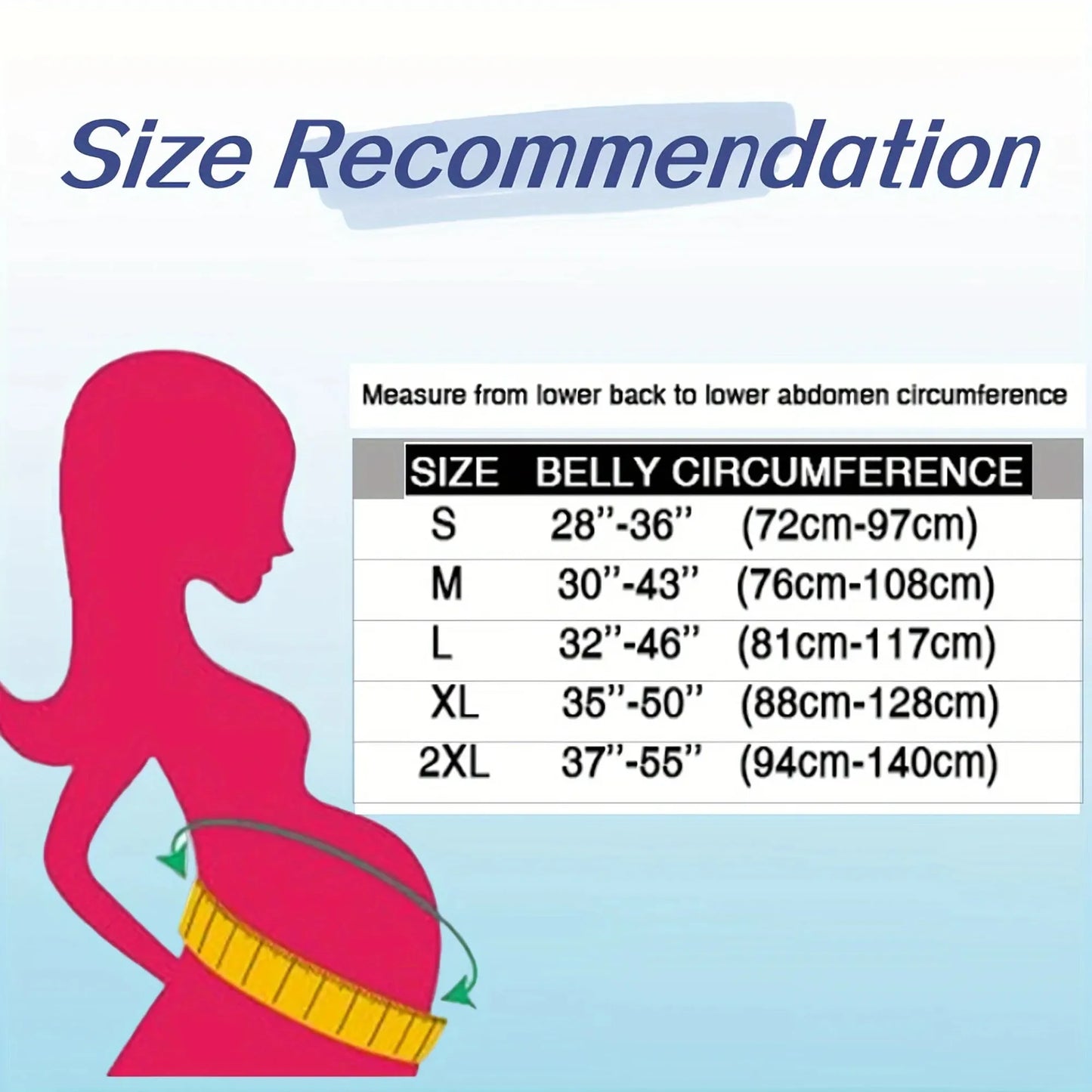 Pink silhouette of a pregnant woman with a yellow measuring tape around her belly, next to a size chart for belly circumference.