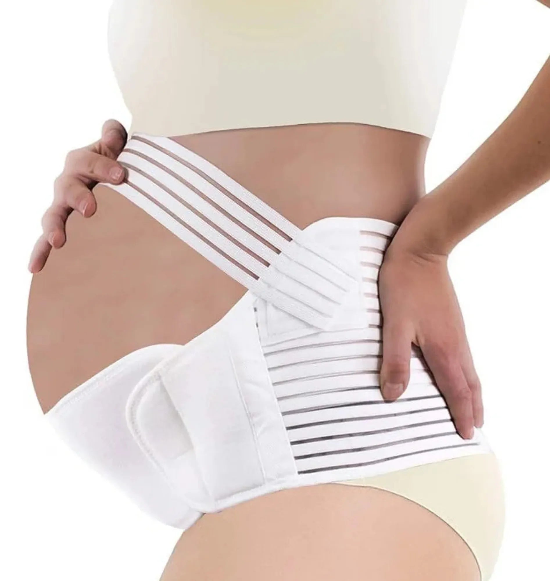White adjustable maternity support belt on a pregnant belly, featuring breathable elastic fabric and hook-and-loop fasteners.