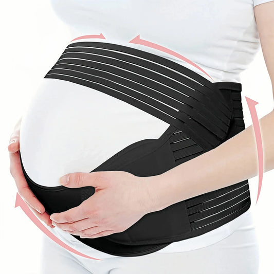 Black adjustable maternity support belt for pregnant belly and back relief, shown on a woman.