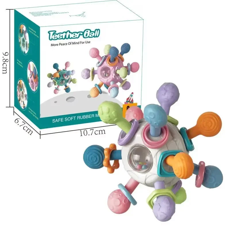 Colorful silicone spinning rattle teether ball for babies, with soft, textured arms and a clear center.