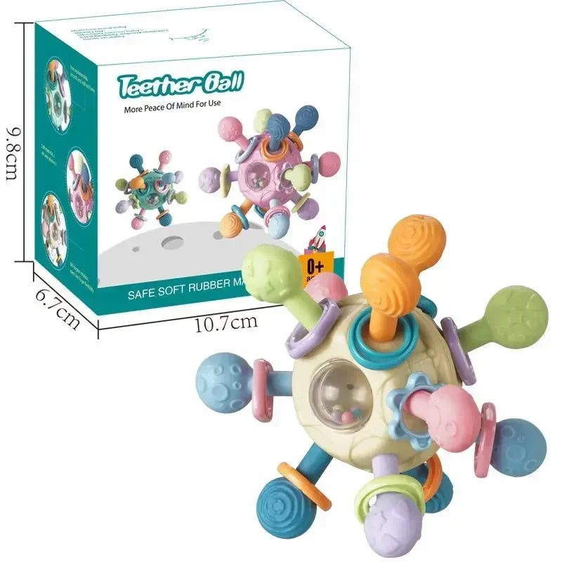 Colorful silicone spinning rattle teether ball for babies, with a white box showing dimensions.