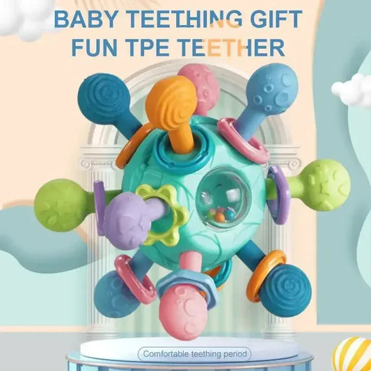 Colorful silicone rotating rattle ball with textured teethers for baby motor development.