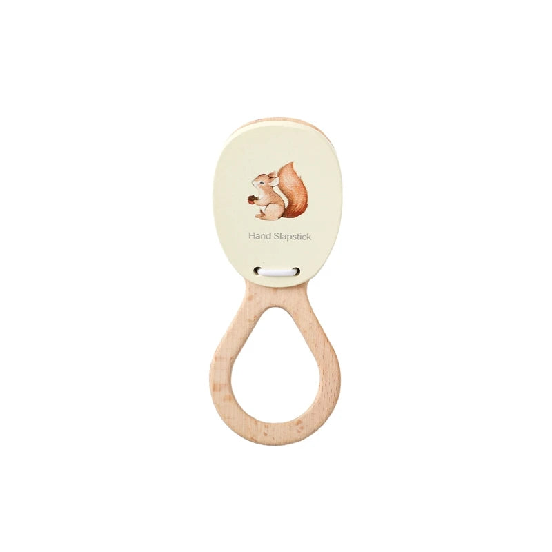 Wooden Montessori hand slapstick rattle with a squirrel illustration.