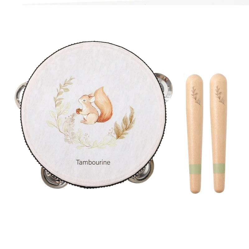 Wooden tambourine with a squirrel design and two matching drumsticks for toddlers.