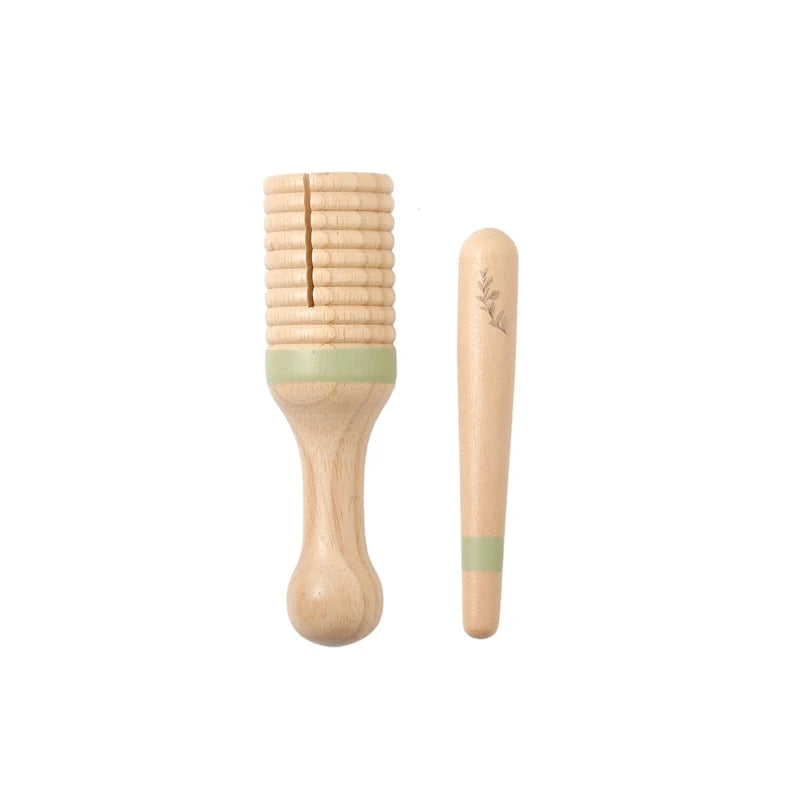 Montessori wooden guiro and stick set for babies, featuring natural wood and a sage green band.