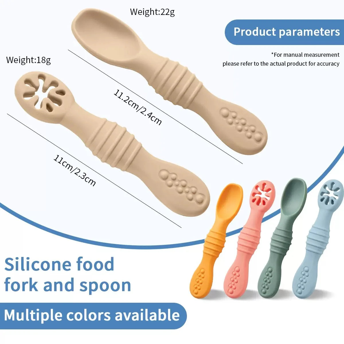 Beige silicone baby training spoon and fork set with measurements, alongside colorful options.