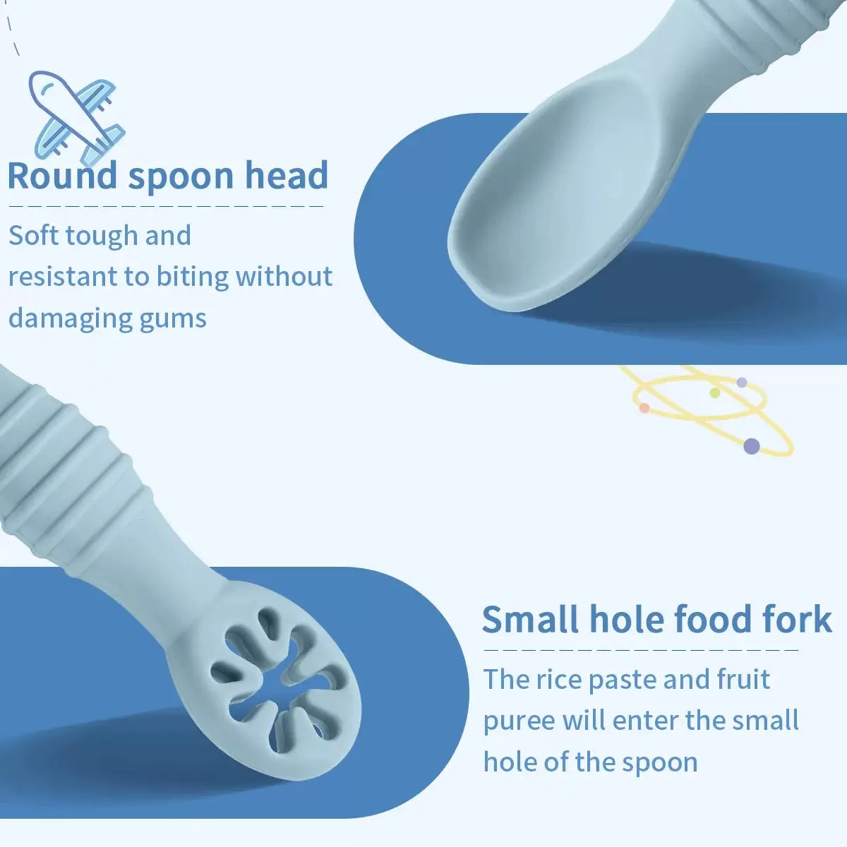 Light blue silicone baby training spoon with round head and small hole food fork.