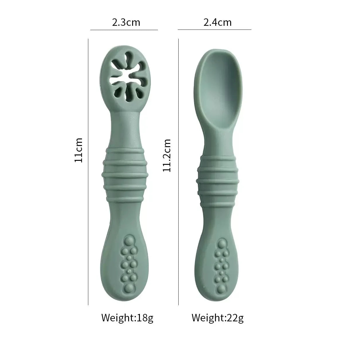 Two soft green silicone baby spoons, one with a textured feeder head and the other a solid spoon.