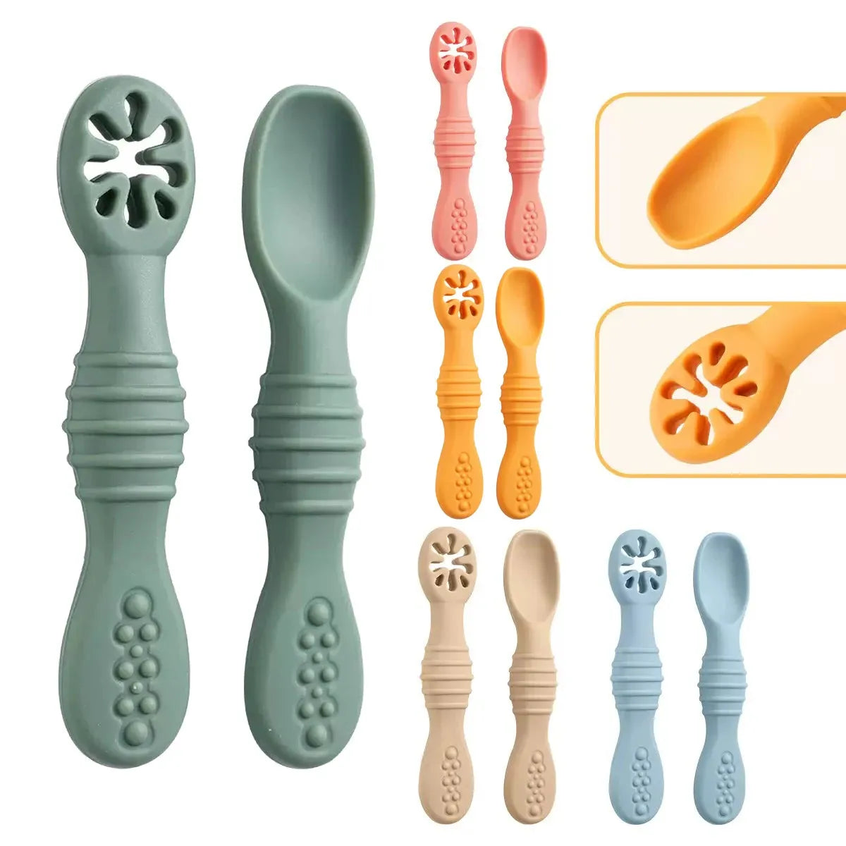 Soft silicone baby training spoons in green, pink, orange, beige, and blue, with textured handles.