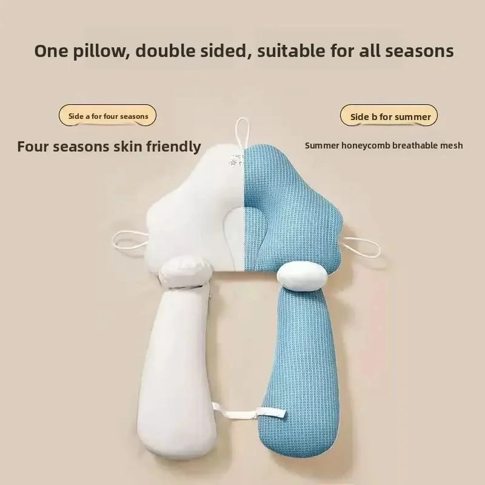 Dual-sided baby pillow, white cotton on one side and blue breathable mesh on the other, for all seasons.
