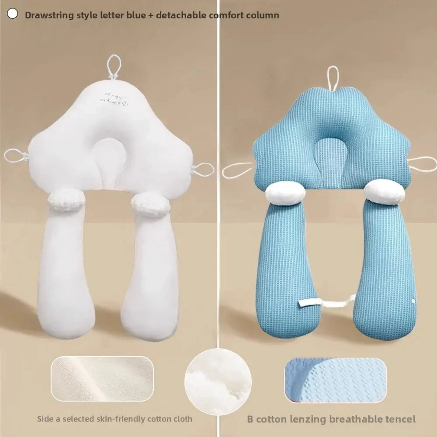 Soft, ergonomic baby sleep pillow in white cotton and blue breathable tencel, with head support and leg bolsters.