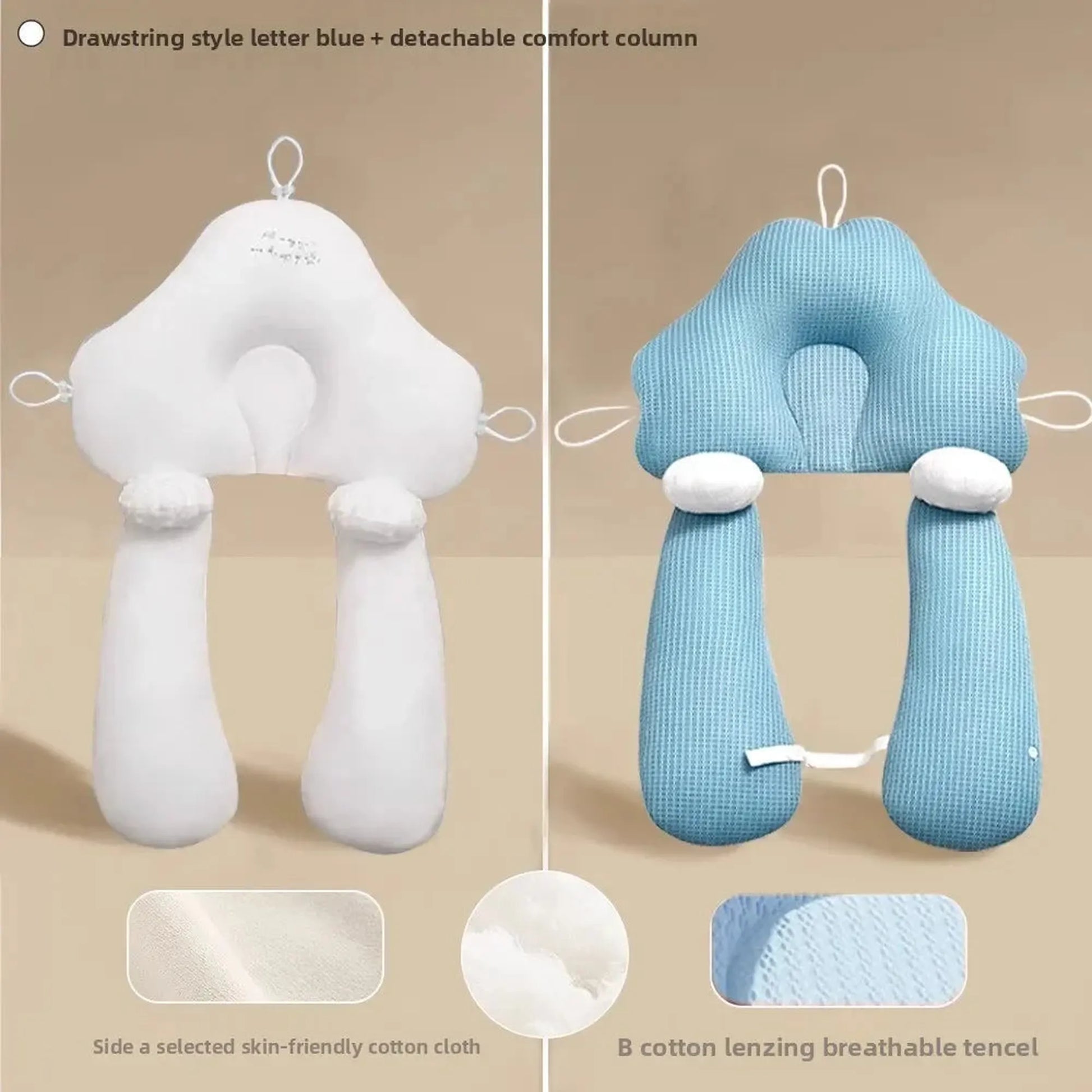 Soft, ergonomic baby sleep pillow in white cotton and blue breathable tencel, with head support and leg bolsters.