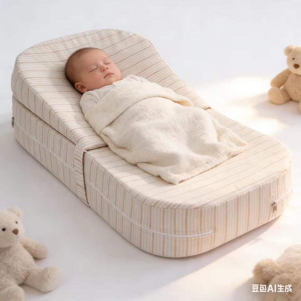 Sleeping baby on an adjustable beige striped anti-reflux feeding pillow, surrounded by teddy bears.