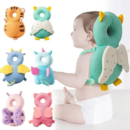 Baby head protection pillow in owl, tiger, dragon, unicorn, butterfly, and pig designs.