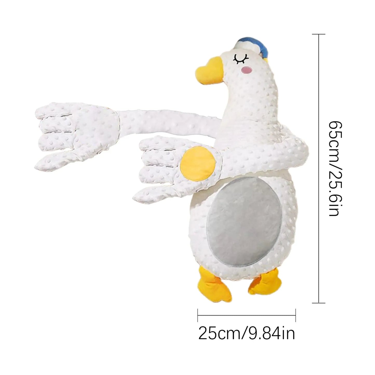 White goose-shaped electric baby soothing pillow with textured arms and yellow accents, 65x25cm.