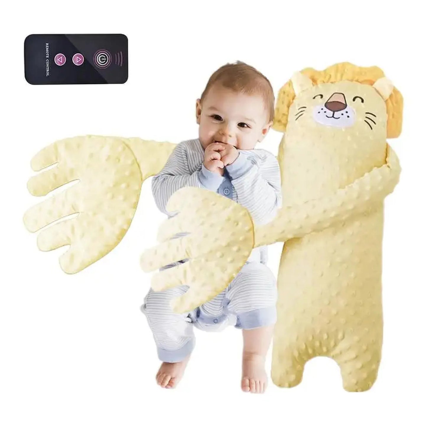Baby soothing pillow with remote, yellow lion design, and textured fabric, next to a smiling infant.