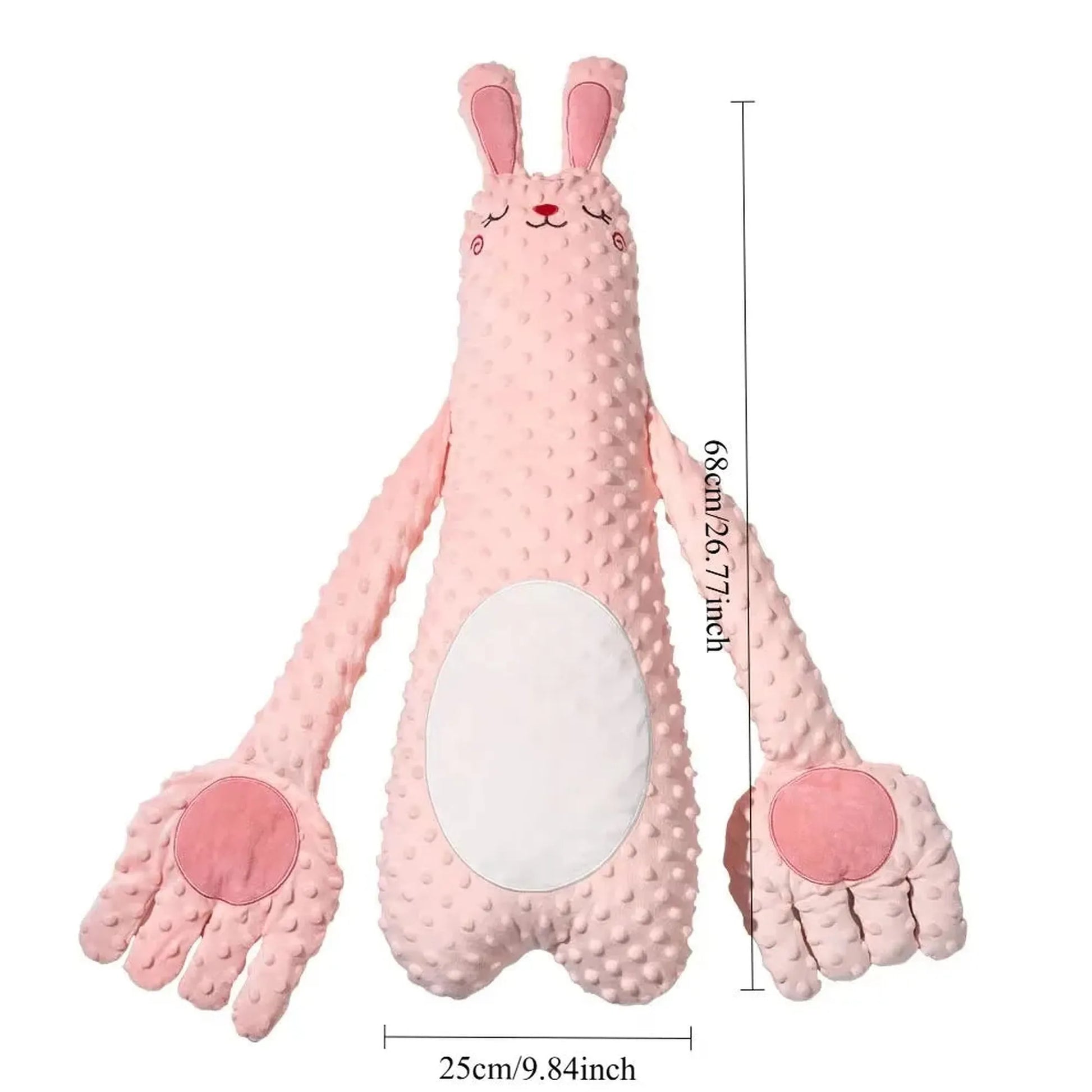 Pink textured bunny baby soothing pillow with long arms and remote control, 68cm tall.