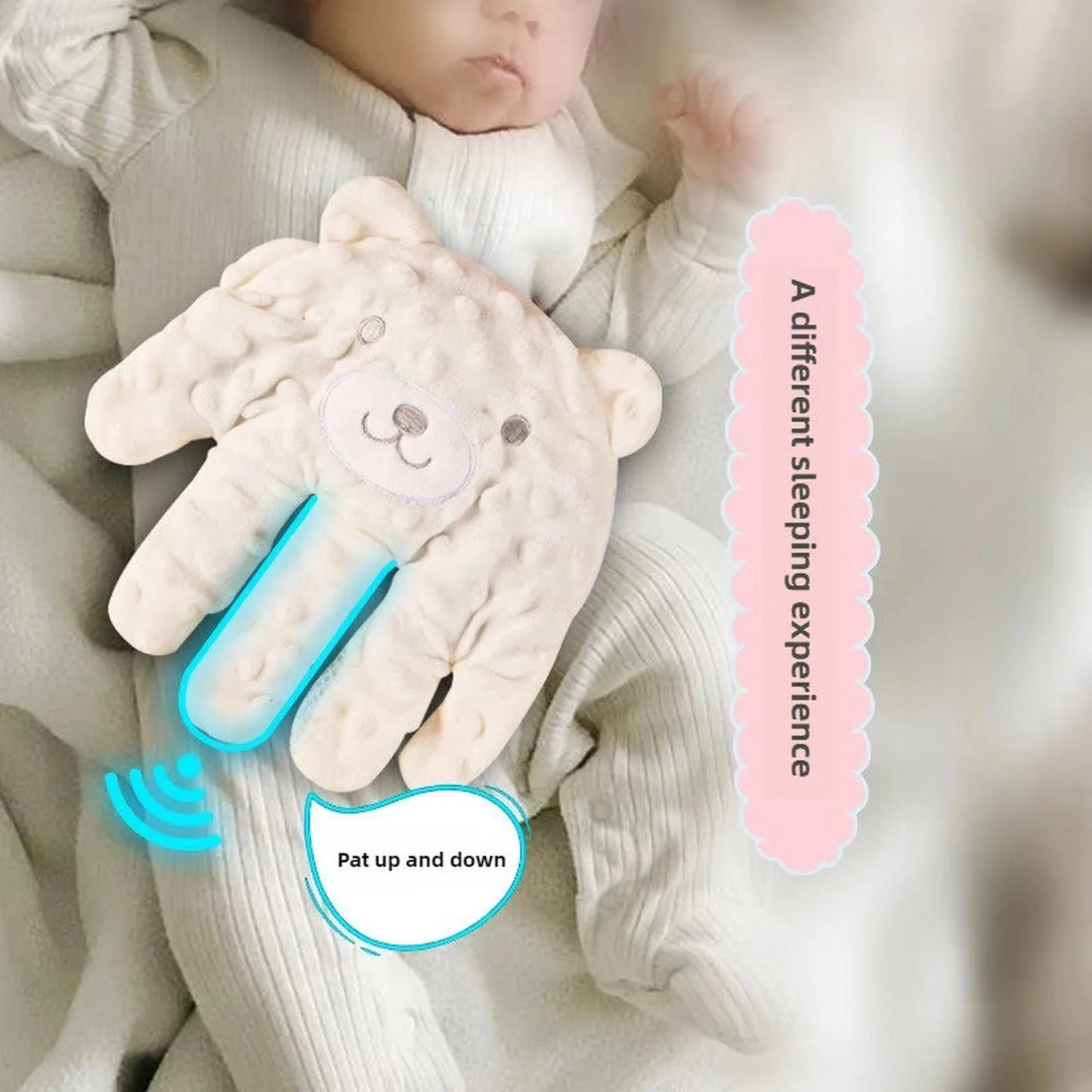 Soft beige bear-shaped baby soothing pillow with gentle patting function, resting on a baby.