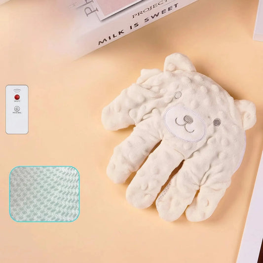 White teddy bear-shaped baby soothing pillow with gentle patting function and remote control.