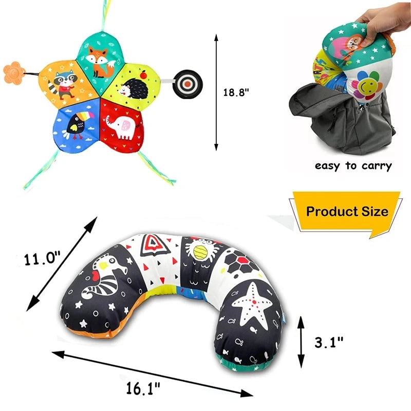 High-contrast black and white baby tummy time pillow with colorful animal designs, shown with dimensions and a portable toy.