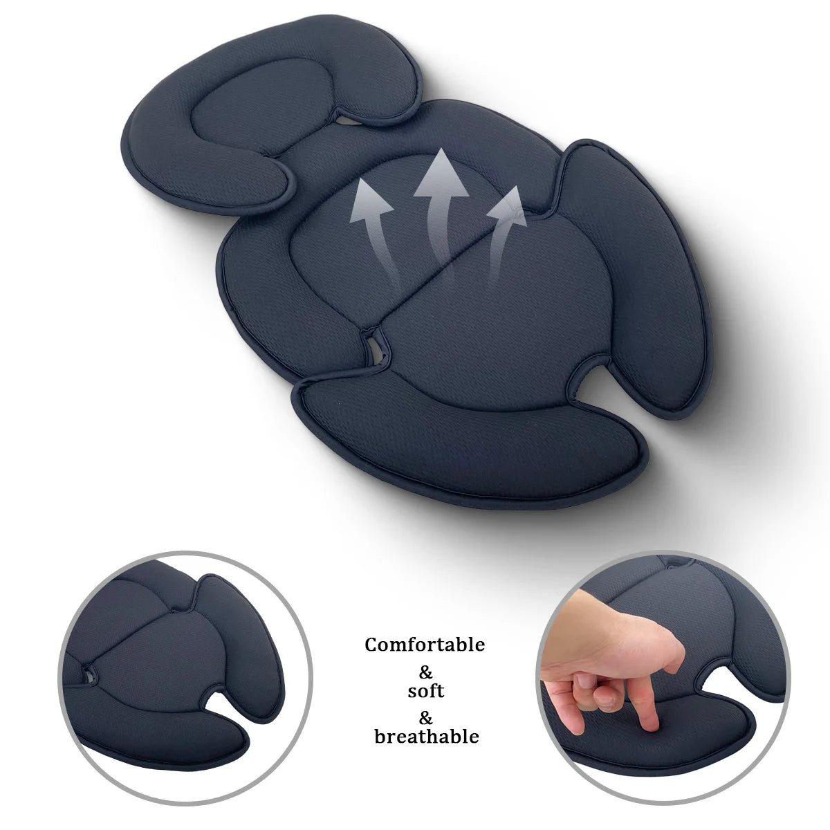 Dark gray universal baby stroller and car seat support cushion, soft and breathable with ergonomic head and body padding.