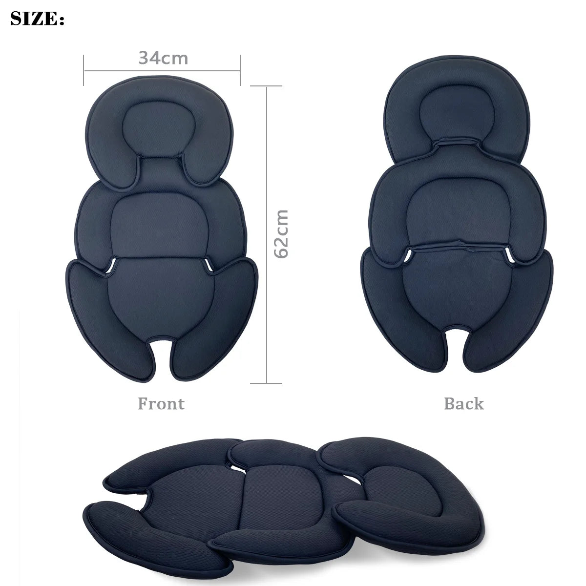 Black universal baby stroller and car seat support cushion, 34x62cm, shown front, back, and folded.