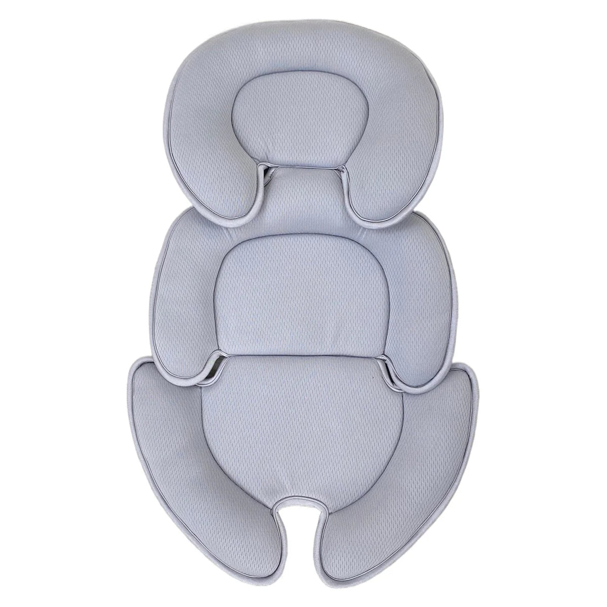 Light gray universal baby stroller and car seat support cushion with ergonomic head, neck, and body padding.